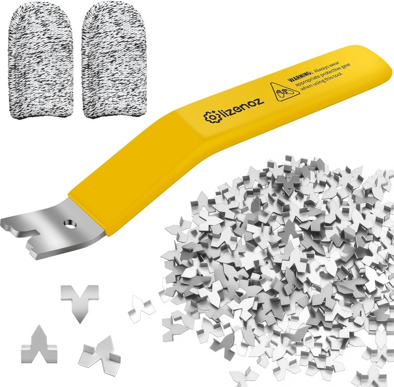 lizenoz Yellow Glazier Point Driver Tool with 200 Glazing Points & 2 Finger Cots - for Framing Glass, Pictures, Cross Stitch - Rust-Resistant Iron/Zinc Push Points, Easy-Grip Handle - Image 1